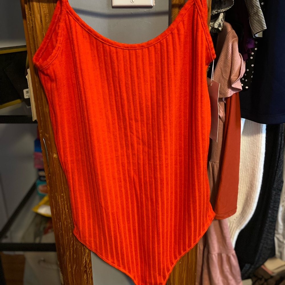 Zara M red orange open back bodysuit- new